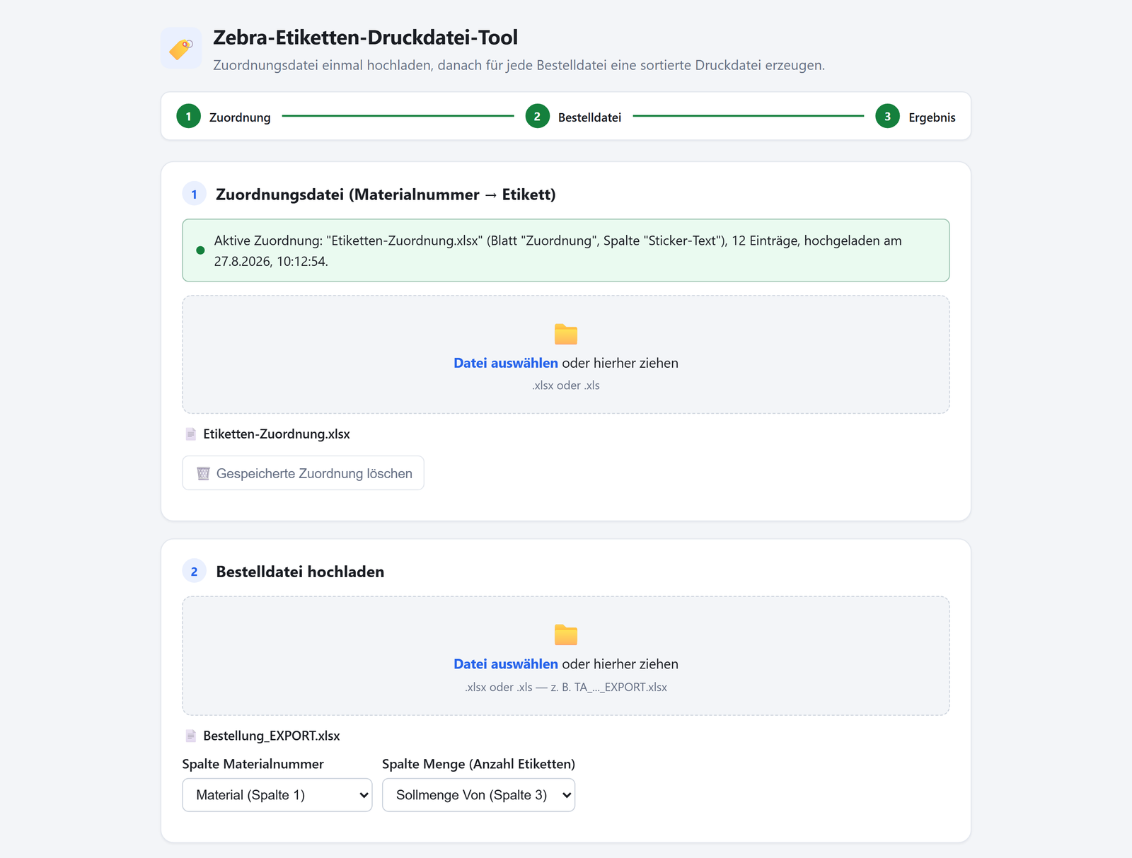 Zebra-Etikettentool – Bestelldatei einlesen